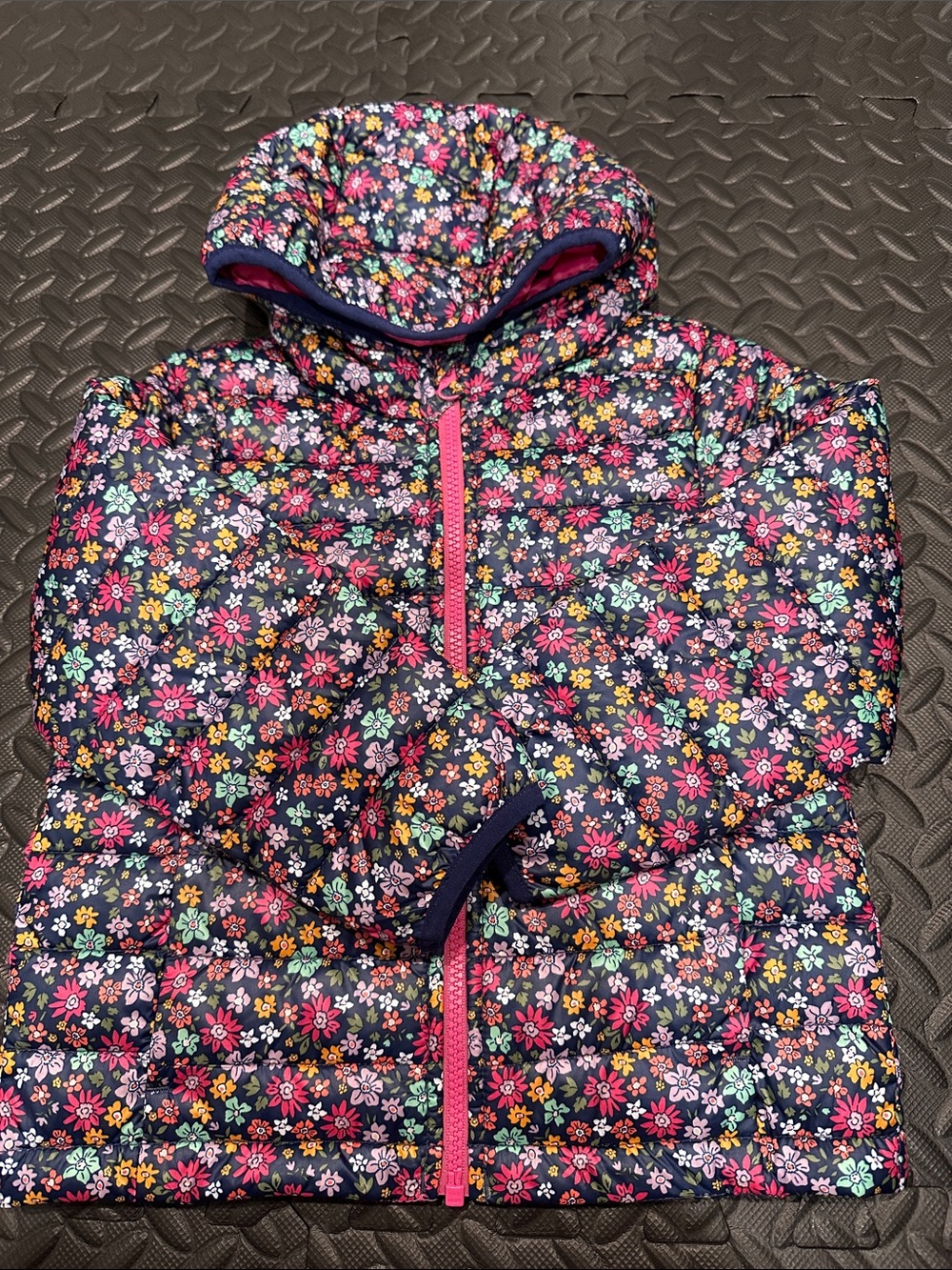 jumping beans Navy Floral Hooded Puffer Jacket with Pink Zipper and pockets